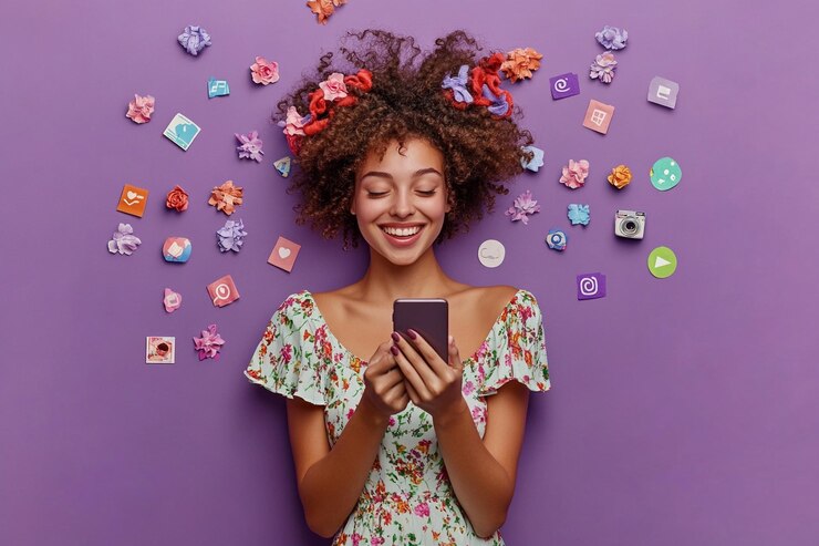 Foto uma mulher com logos de redes sociais flutuando em torno de sua cabeça em um fundo roxo