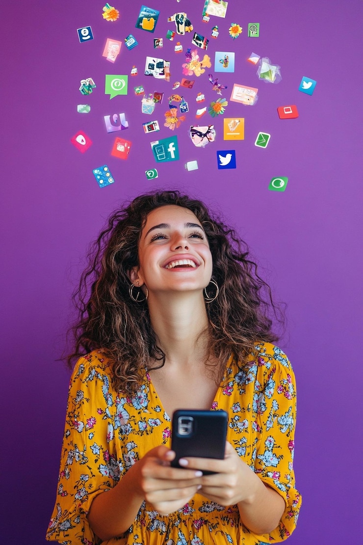 Foto uma mulher com logos de redes sociais flutuando em torno de sua cabeça em um fundo roxo