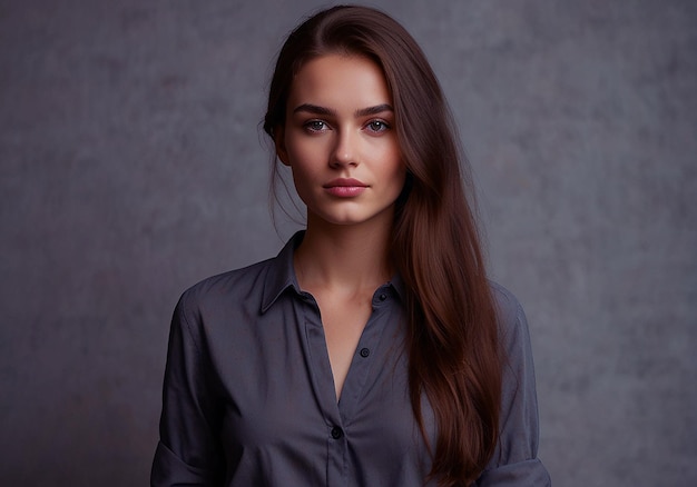 uma mulher com longos cabelos castanhos e uma camisa azul está de pé contra uma parede cinzenta