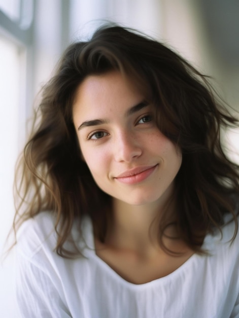 Uma mulher com longos cabelos castanhos e uma camisa branca