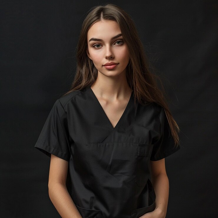 Foto uma mulher com longos cabelos castanhos e uma camisa preta que diz "cuz"
