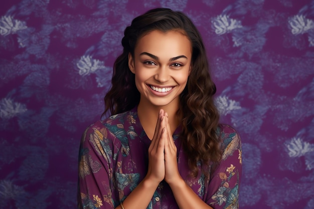 Uma mulher com longos cabelos escuros e uma camisa roxa sorri na frente de um fundo roxo