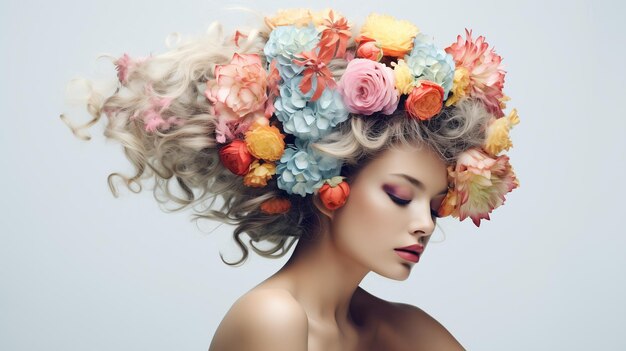 Foto uma mulher com longos cabelos loiros cobertos de flores