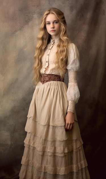 uma mulher com longos cabelos loiros e faixa marrom