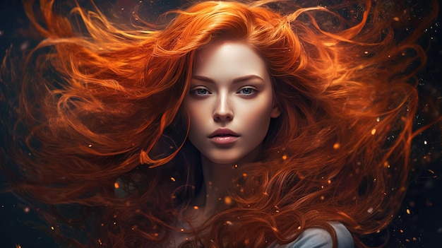 Uma mulher com longos cabelos ruivos e uma fogueira ao fundo