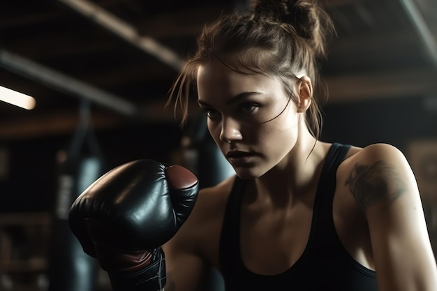 Uma mulher com luvas de boxe está socando com a mão direita.