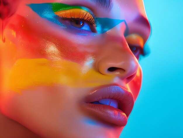 Uma mulher com maquiagem colorida e cabelo LGBT Pride