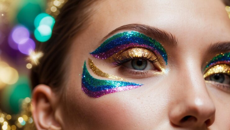 Foto uma mulher com maquiagem colorida e maquiagem de olhos azuis