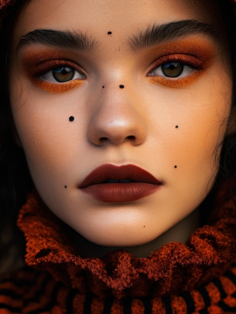 Uma mulher com maquiagem laranja e pontos pretos no rosto