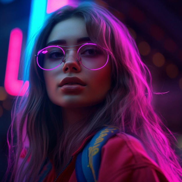 Uma mulher com maquiagem neon e cabelo neon vestida com uma jaqueta metálica