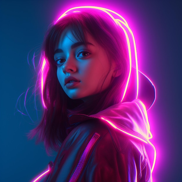 Uma mulher com maquiagem neon e cabelo neon vestida com uma jaqueta metálica