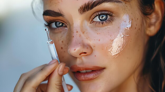 Foto uma mulher com maquiagem no rosto é coberta de pó branco