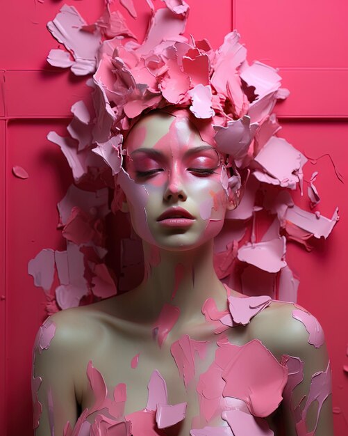 uma mulher com maquiagem rosa e um fundo rosa com um pincel de pintura rosa