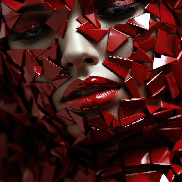 Uma mulher com maquiagem vermelha e batom vermelho