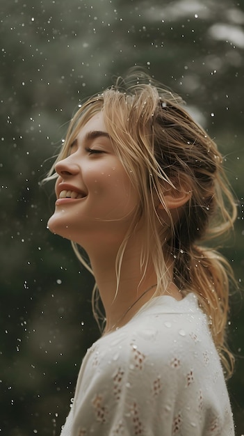 uma mulher com o cabelo em um bolo em uma tempestade de chuva