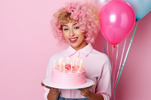 uma mulher com o cabelo encaracolado segurando um bolo