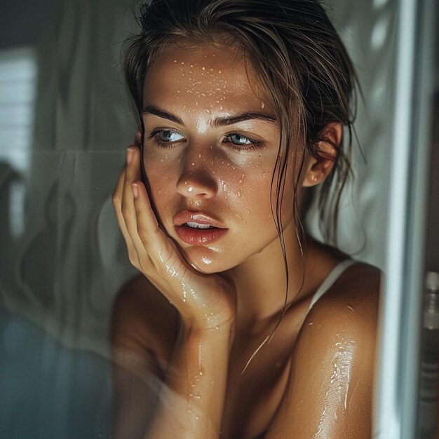 Foto uma mulher com o cabelo molhado está olhando para a câmera