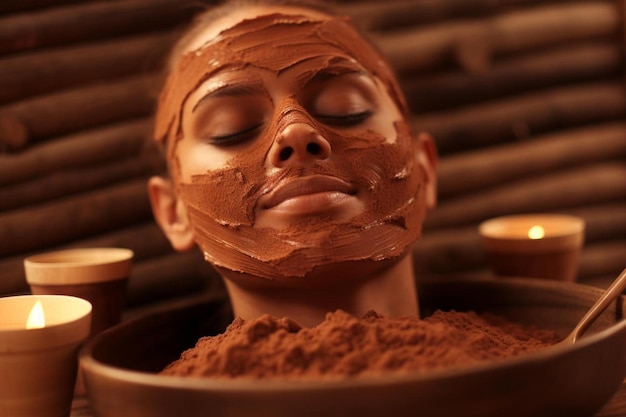 Foto uma mulher com o rosto coberto de chocolate
