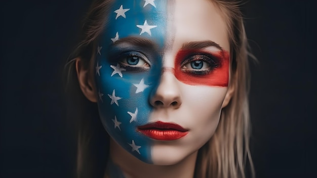 Uma mulher com o rosto pintado com a bandeira americana no rosto