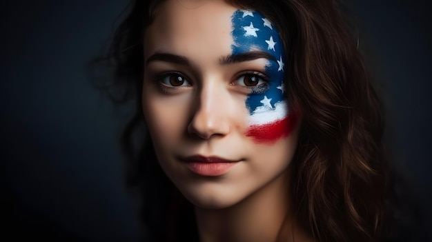 Uma mulher com o rosto pintado com a bandeira americana