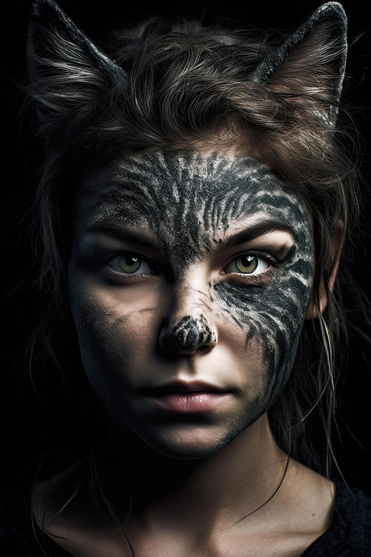 Foto uma mulher com o rosto pintado como um lobo