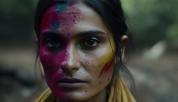Uma mulher com o rosto pintado está em uma floresta.
