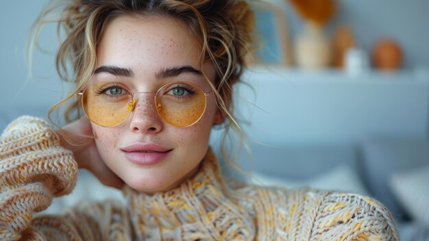 Uma mulher com óculos amarelos levantou o cabelo em uma camisola