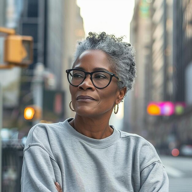 Foto uma mulher com óculos de pé numa rua da cidade