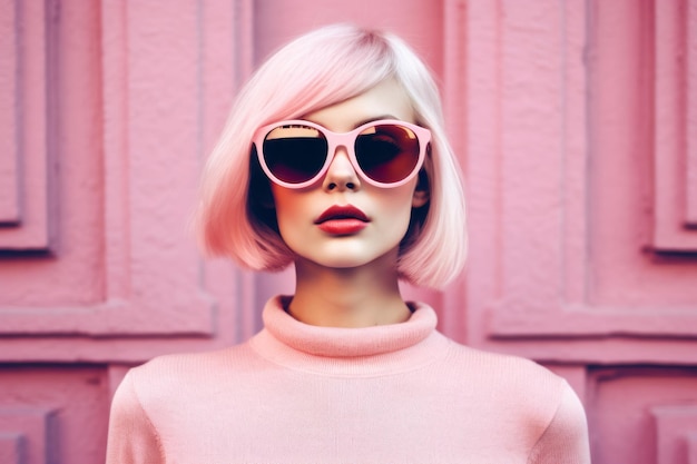 Uma mulher com óculos de sol cor-de-rosa está parada em frente a uma parede cor-de-rosa.