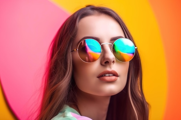 Uma mulher com óculos de sol e um fundo colorido do arco-íris.
