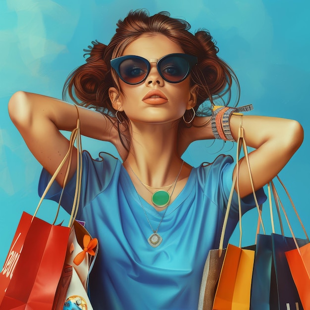 Foto uma mulher com óculos de sol e uma camisa azul está segurando um saco de compras