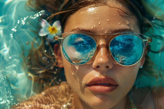 Foto uma mulher com óculos de sol está na piscina. vibrações de verão geradas por ia.