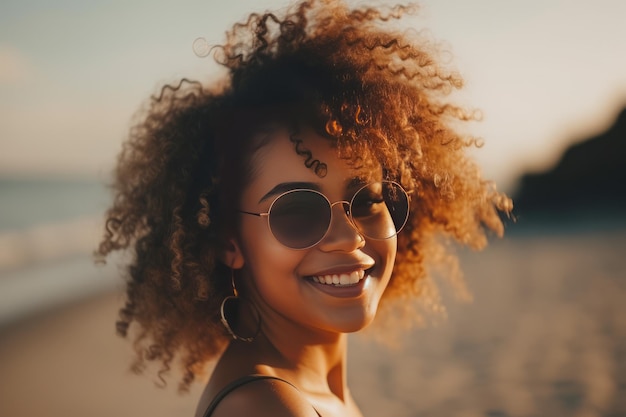 Uma mulher com óculos de sol na cabeça sorrindo com o sol atrás dela.