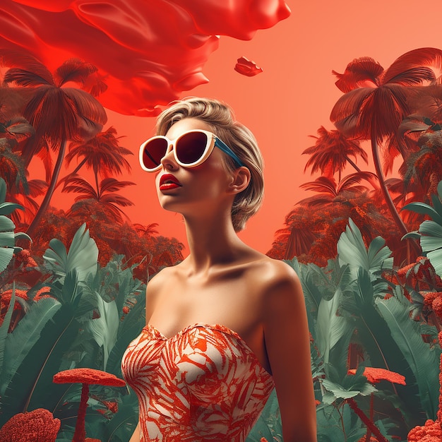 Uma mulher com óculos de sol vermelhos e um fundo tropical