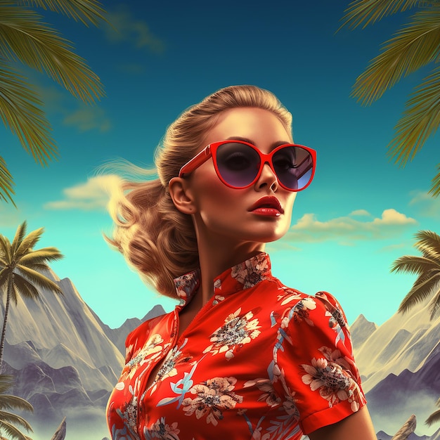 Uma mulher com óculos de sol vermelhos e um fundo tropical