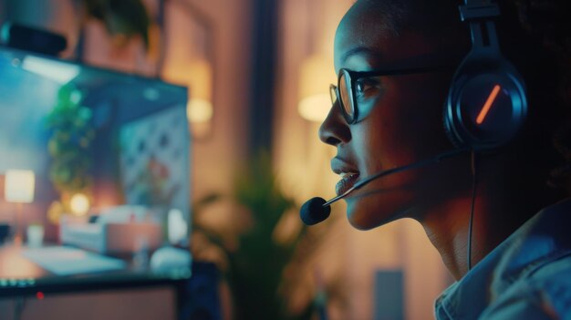 Uma mulher com óculos e fones de ouvido joga um videogame em um computador
