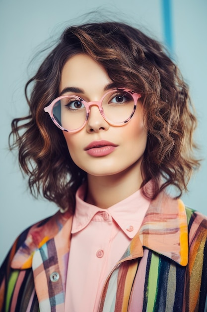Uma mulher com óculos e óculos cor de rosa