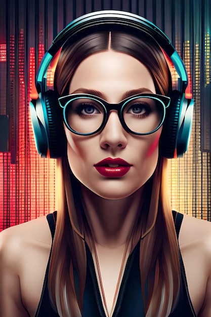 Uma mulher com óculos e um par de fones de ouvido