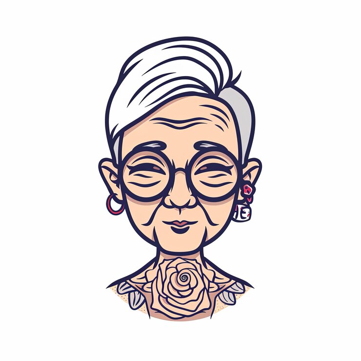 Foto uma mulher com óculos e uma tatuagem de rosa no pescoço.
