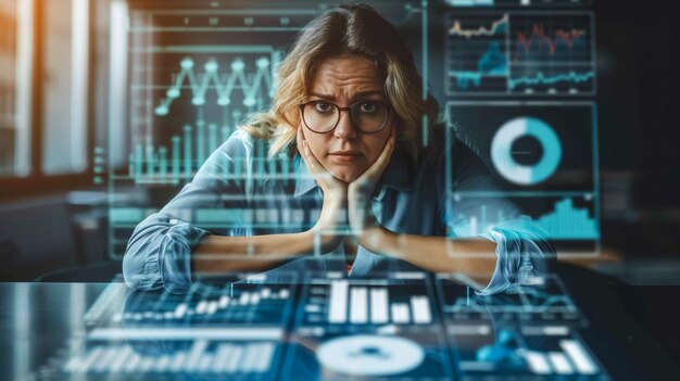 Foto uma mulher com óculos e uma tela de computador com as palavras dados sobre ele