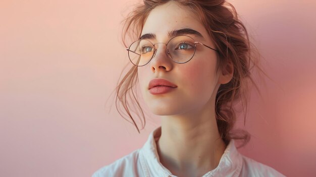 Uma mulher com óculos em um fundo rosa isolado