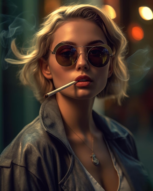 Uma mulher com óculos escuros e um cigarro na boca