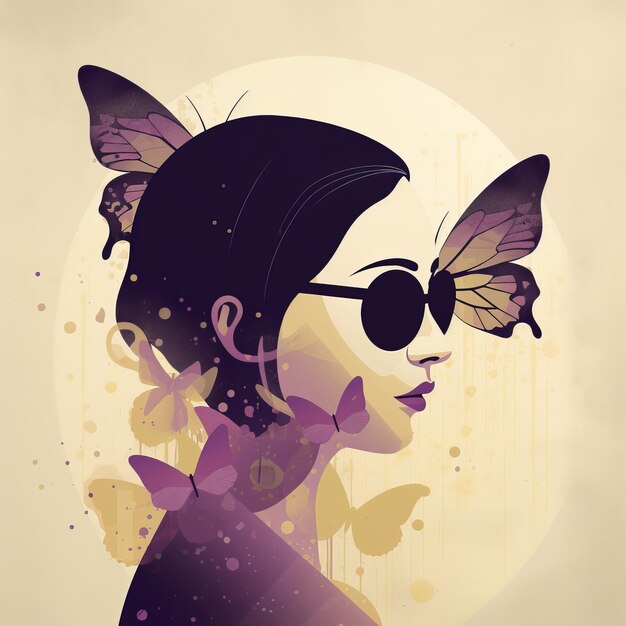 Uma mulher com óculos escuros e uma borboleta na cabeça