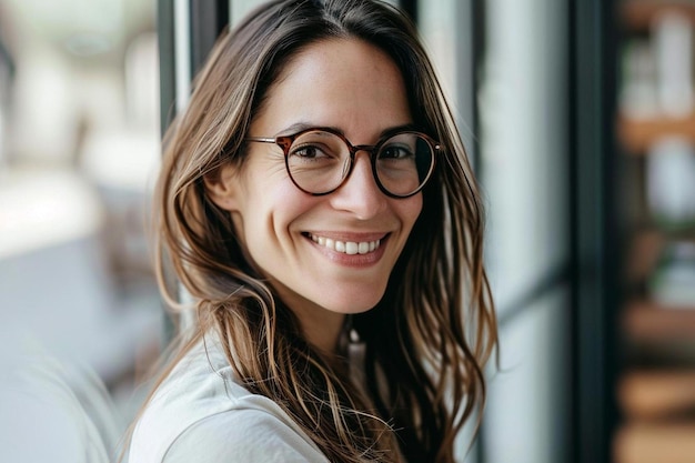 Foto uma mulher com óculos sorrindo na frente de uma janela