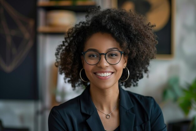 Foto uma mulher com óculos sorrindo para a câmera mulher de negócios escritório