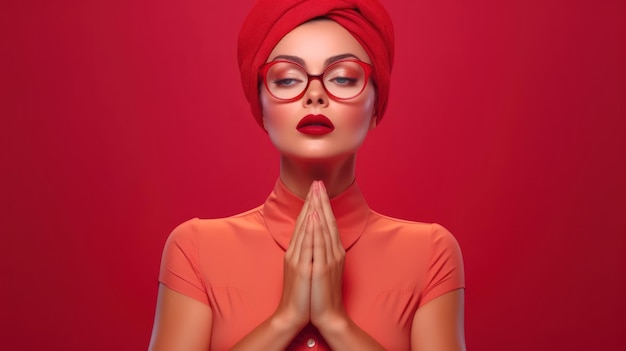 Uma mulher com óculos vermelhos e um lenço vermelho está rezando.