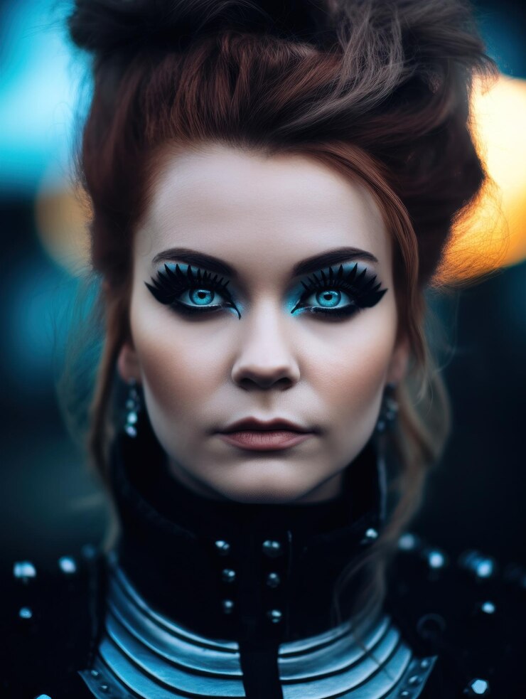 Foto uma mulher com olhos azuis e maquiagem preta