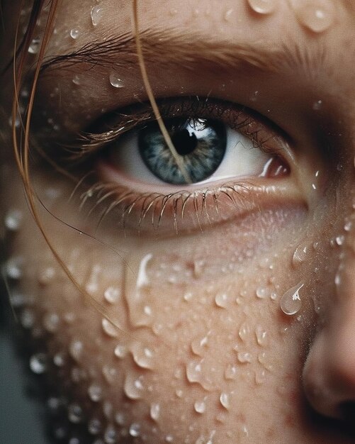 Uma mulher com olhos azuis e um olho azul com gotas de água.