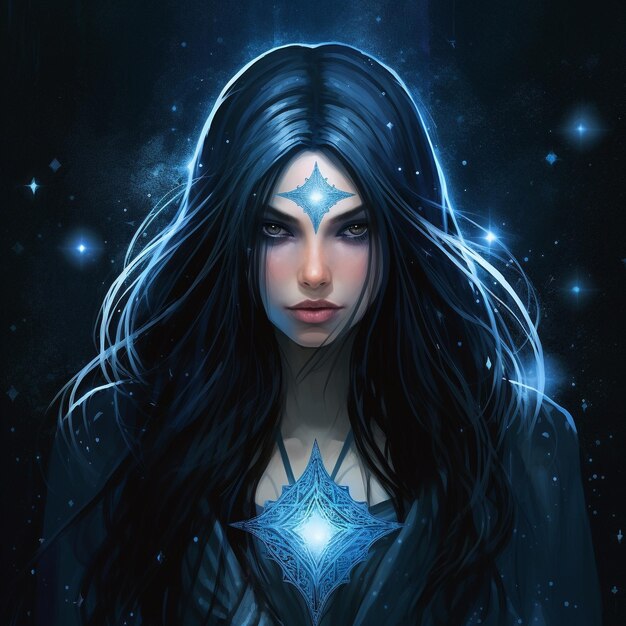 Uma mulher com olhos azuis e um vestido preto com estrelas e um fundo do céu noturno