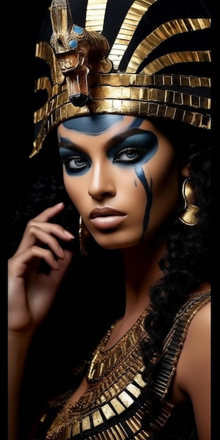 Uma mulher com olhos azuis e uma máscara preta com tinta azul no rosto.